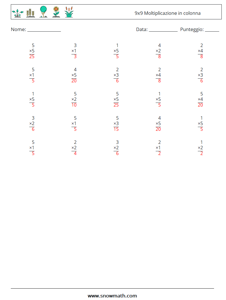 (25) 9x9 Moltiplicazione in colonna Fogli di lavoro di matematica 4 Domanda, Risposta