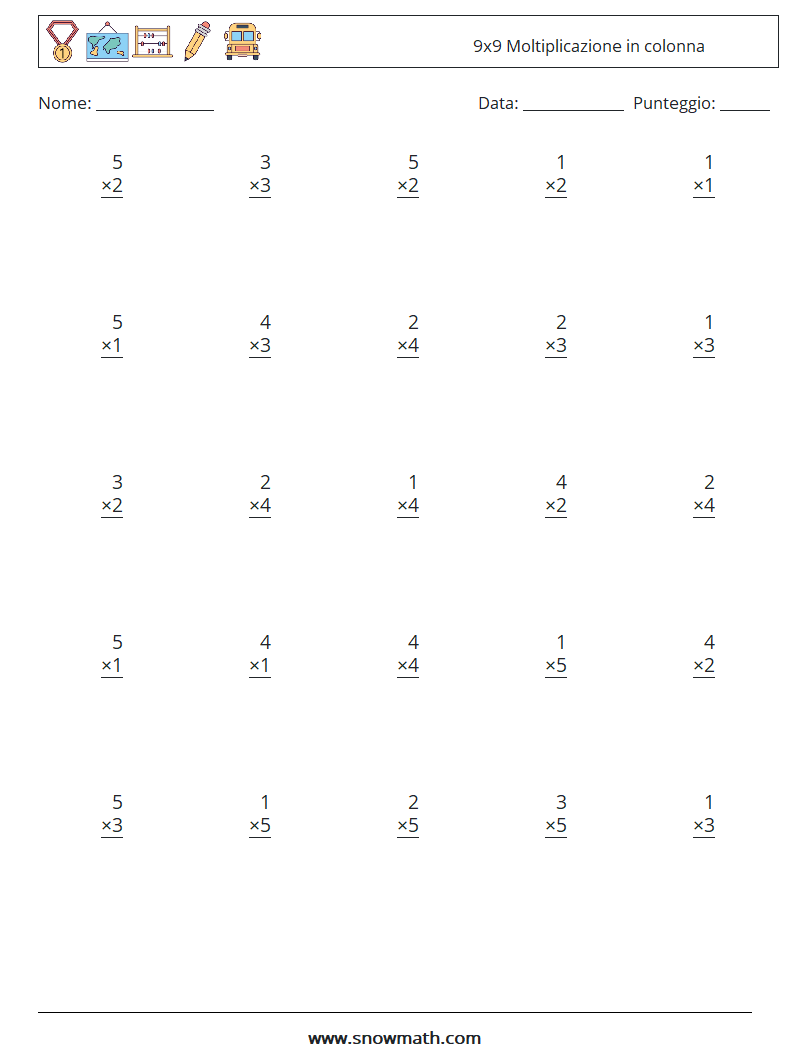 (25) 9x9 Moltiplicazione in colonna Fogli di lavoro di matematica 5