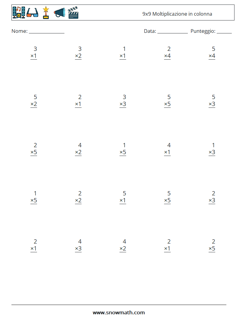 (25) 9x9 Moltiplicazione in colonna Fogli di lavoro di matematica 7