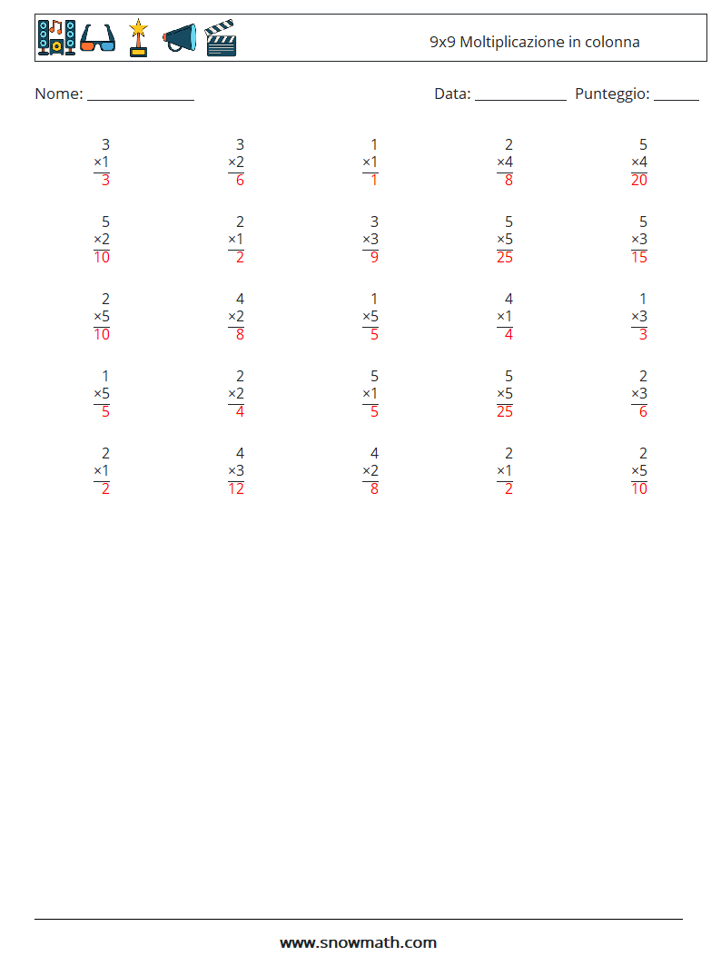 (25) 9x9 Moltiplicazione in colonna Fogli di lavoro di matematica 7 Domanda, Risposta