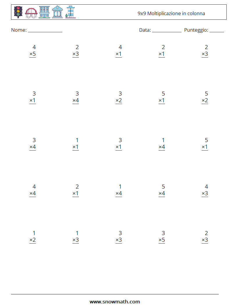 (25) 9x9 Moltiplicazione in colonna Fogli di lavoro di matematica 8