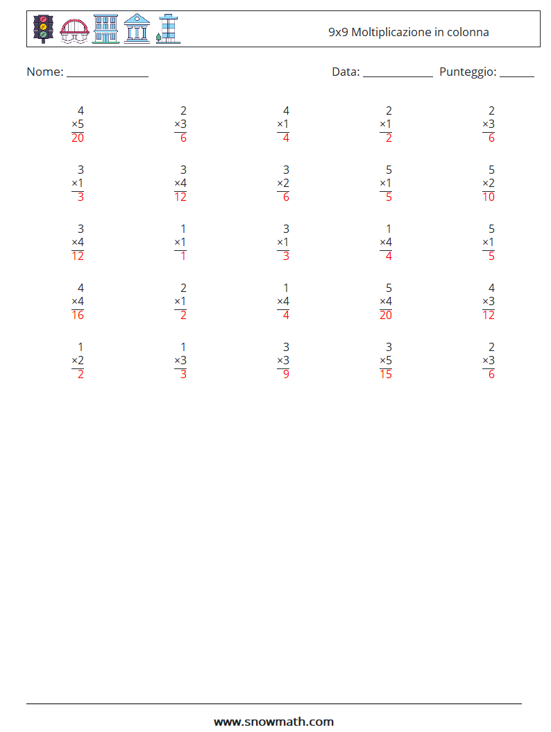 (25) 9x9 Moltiplicazione in colonna Fogli di lavoro di matematica 8 Domanda, Risposta