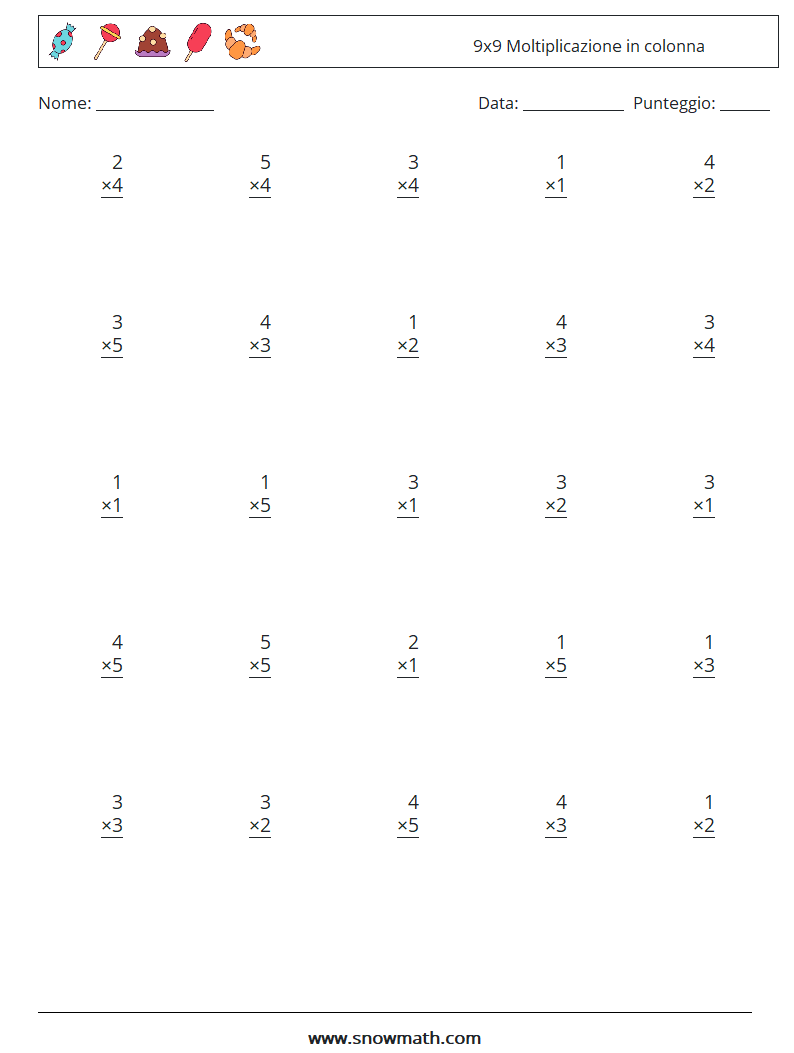 (25) 9x9 Moltiplicazione in colonna Fogli di lavoro di matematica 9