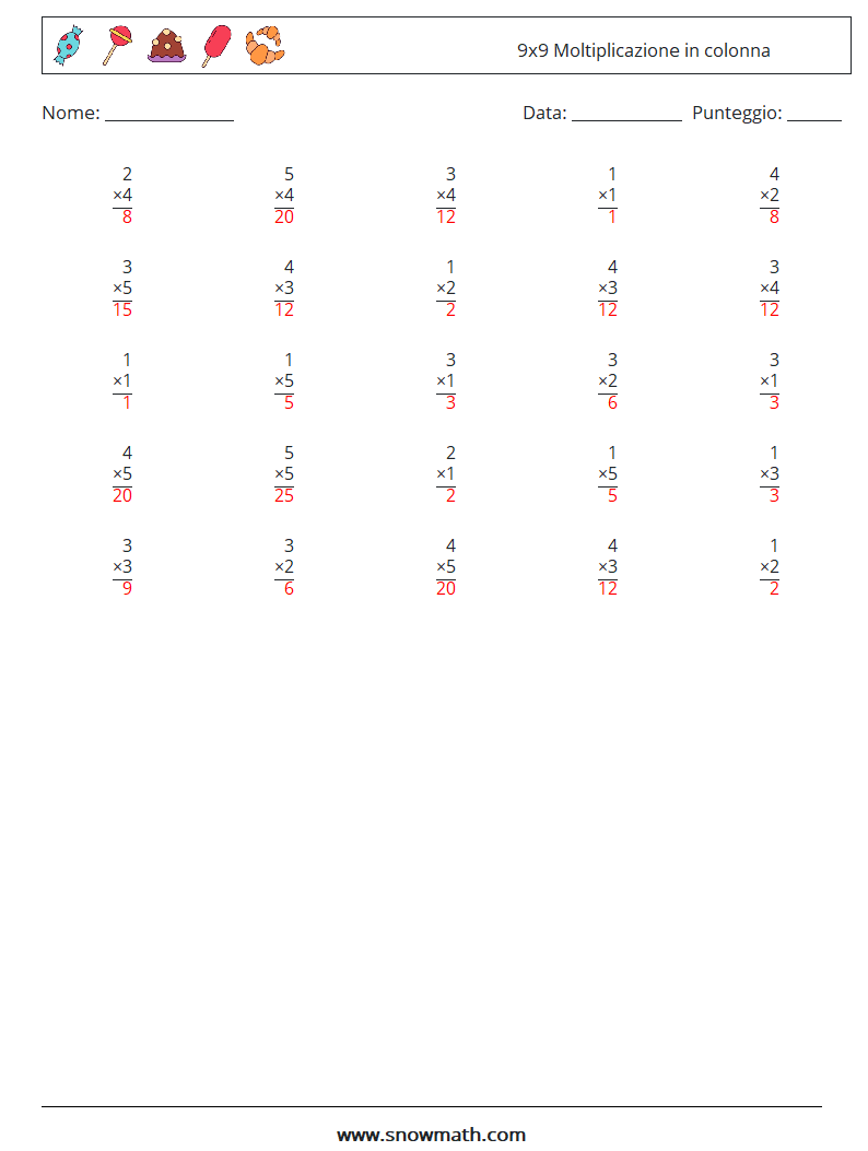 (25) 9x9 Moltiplicazione in colonna Fogli di lavoro di matematica 9 Domanda, Risposta