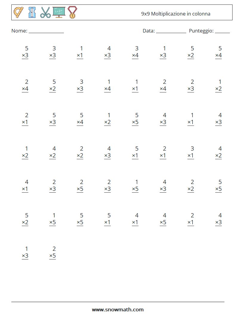 (50) 9x9 Moltiplicazione in colonna Fogli di lavoro di matematica 1