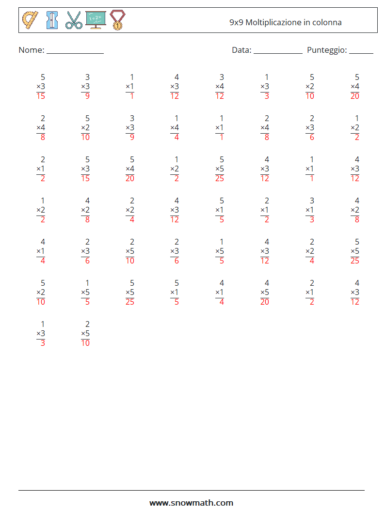 (50) 9x9 Moltiplicazione in colonna Fogli di lavoro di matematica 1 Domanda, Risposta