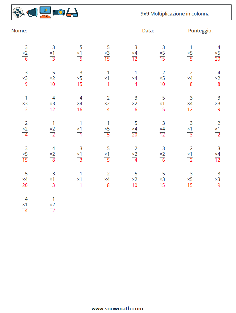 (50) 9x9 Moltiplicazione in colonna Fogli di lavoro di matematica 2 Domanda, Risposta