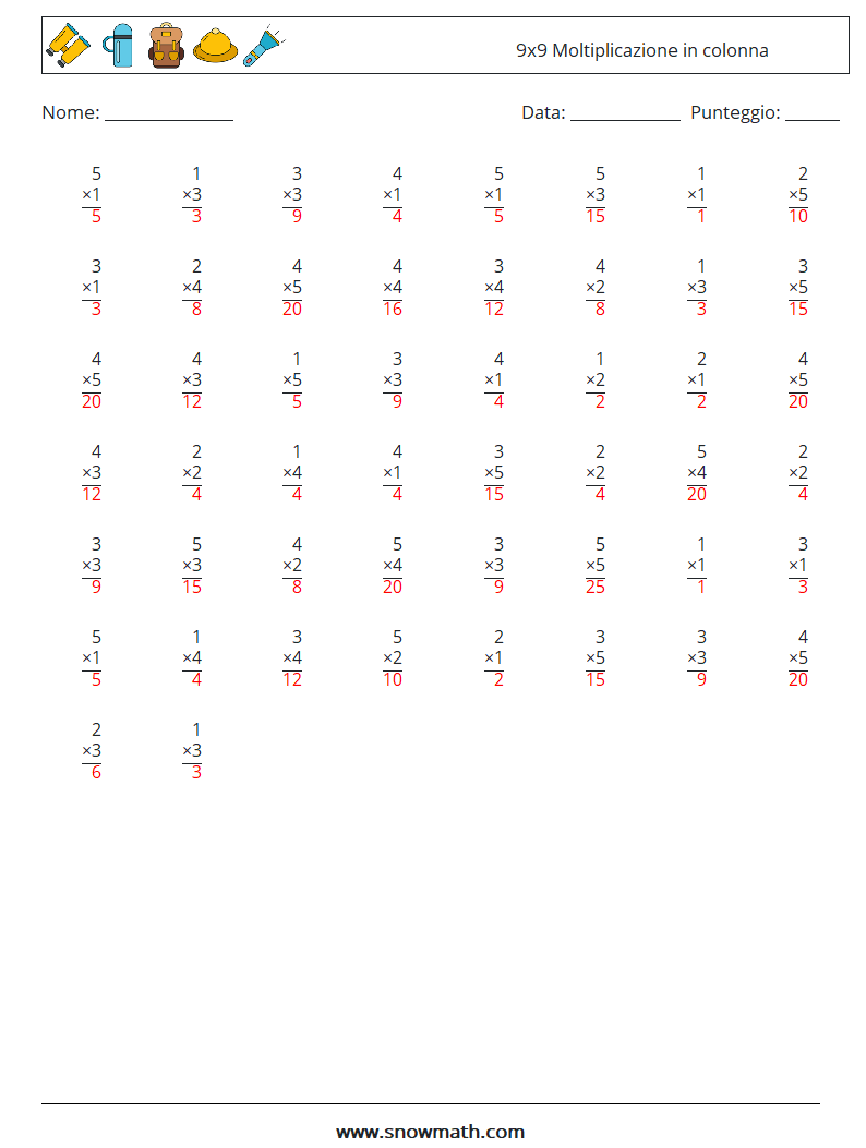 (50) 9x9 Moltiplicazione in colonna Fogli di lavoro di matematica 3 Domanda, Risposta
