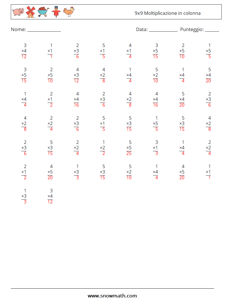 (50) 9x9 Moltiplicazione in colonna Fogli di lavoro di matematica 4 Domanda, Risposta