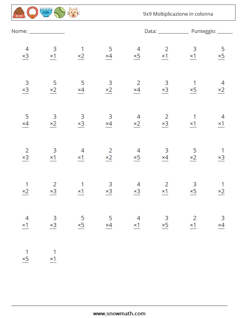 (50) 9x9 Moltiplicazione in colonna Fogli di lavoro di matematica 5