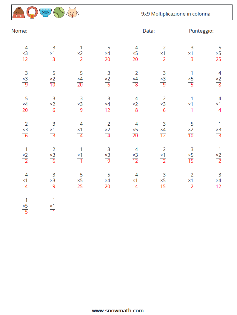 (50) 9x9 Moltiplicazione in colonna Fogli di lavoro di matematica 5 Domanda, Risposta