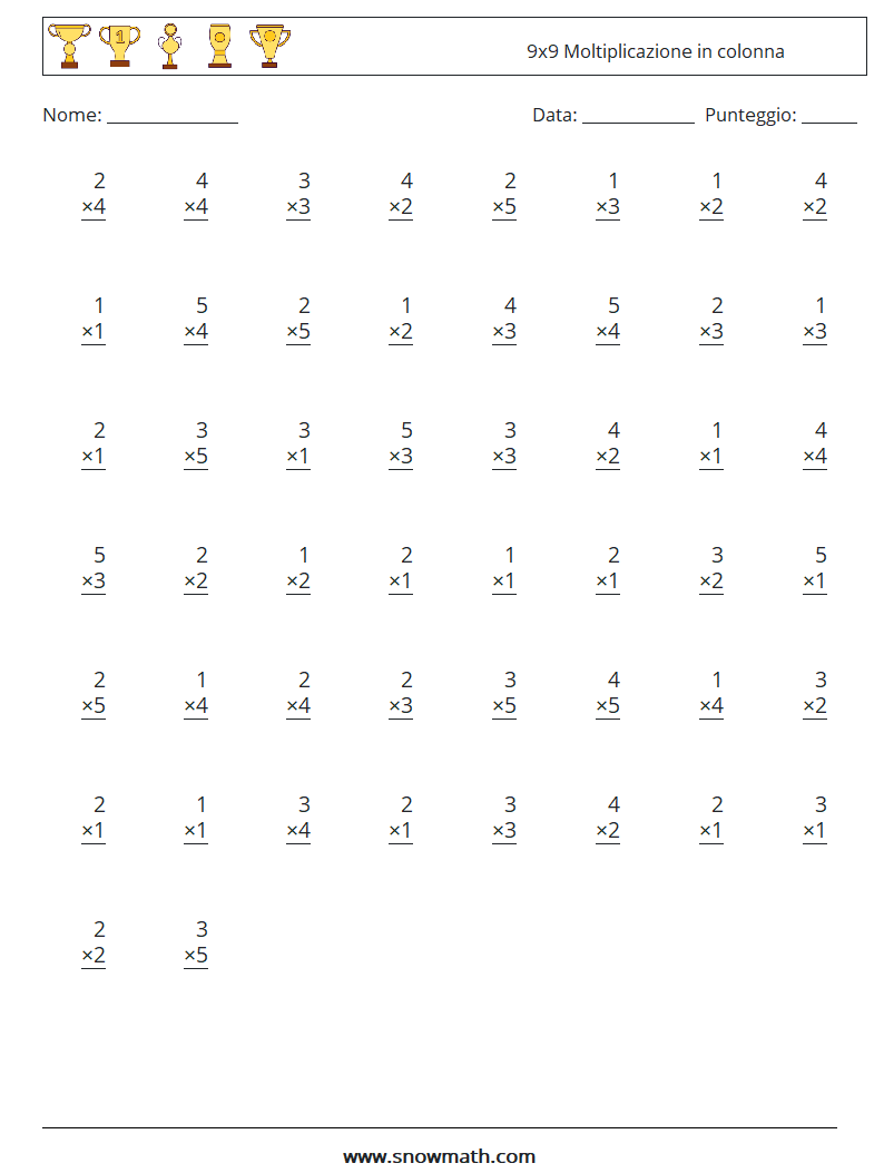 (50) 9x9 Moltiplicazione in colonna Fogli di lavoro di matematica 6