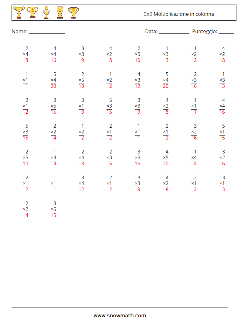 (50) 9x9 Moltiplicazione in colonna Fogli di lavoro di matematica 6 Domanda, Risposta