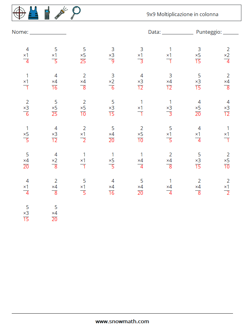 (50) 9x9 Moltiplicazione in colonna Fogli di lavoro di matematica 7 Domanda, Risposta