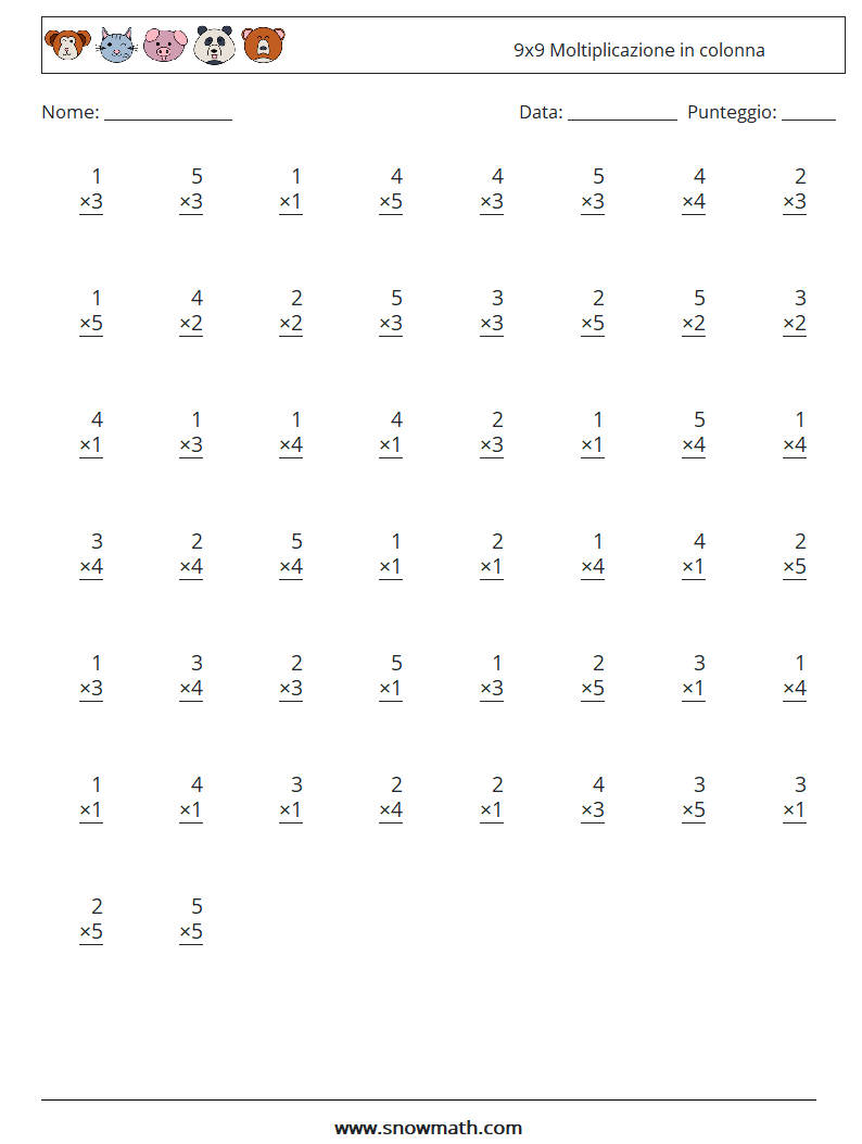 (50) 9x9 Moltiplicazione in colonna Fogli di lavoro di matematica 8
