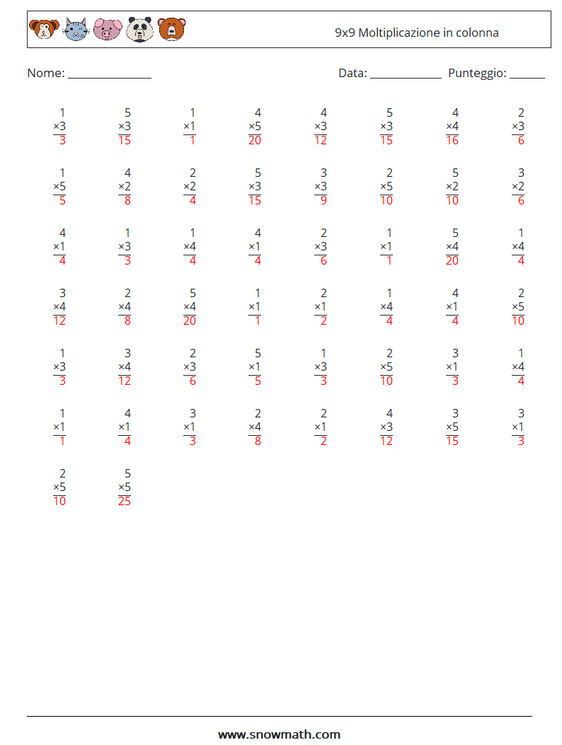 (50) 9x9 Moltiplicazione in colonna Fogli di lavoro di matematica 8 Domanda, Risposta