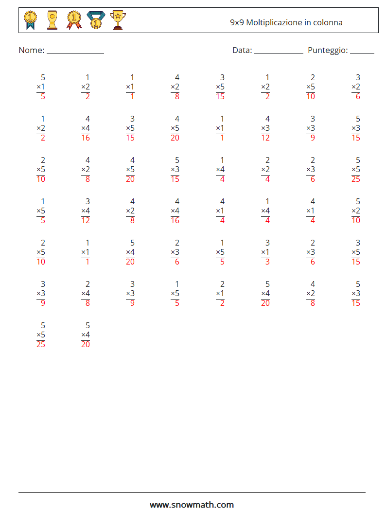 (50) 9x9 Moltiplicazione in colonna Fogli di lavoro di matematica 9 Domanda, Risposta