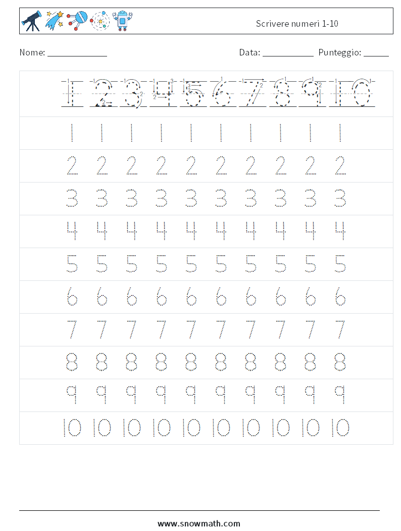 Scrivere numeri 1-10 Fogli di lavoro di matematica 1