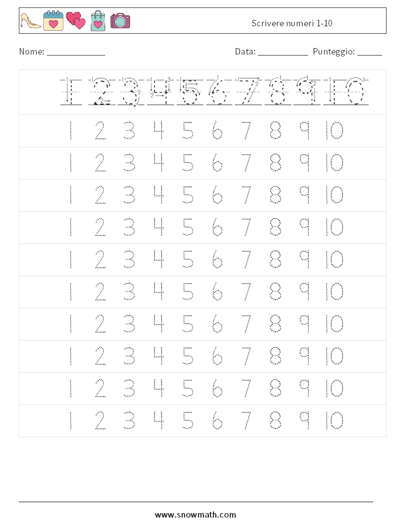 Scrivere numeri 1-10 Fogli di lavoro di matematica 3