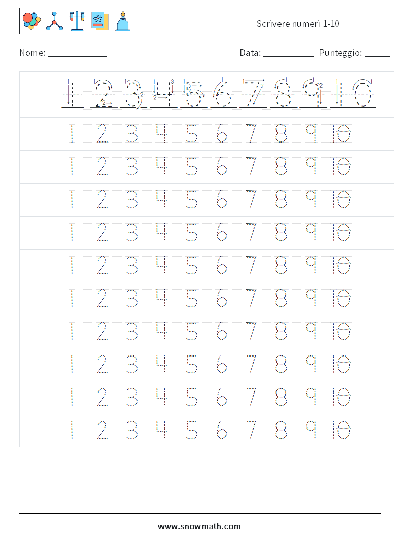 Scrivere numeri 1-10 Fogli di lavoro di matematica 4