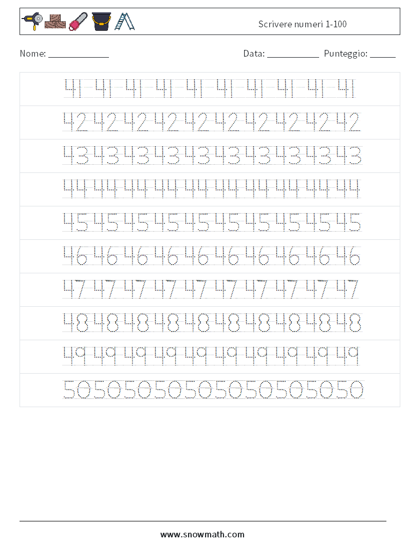 Scrivere numeri 1-100 Fogli di lavoro di matematica 10