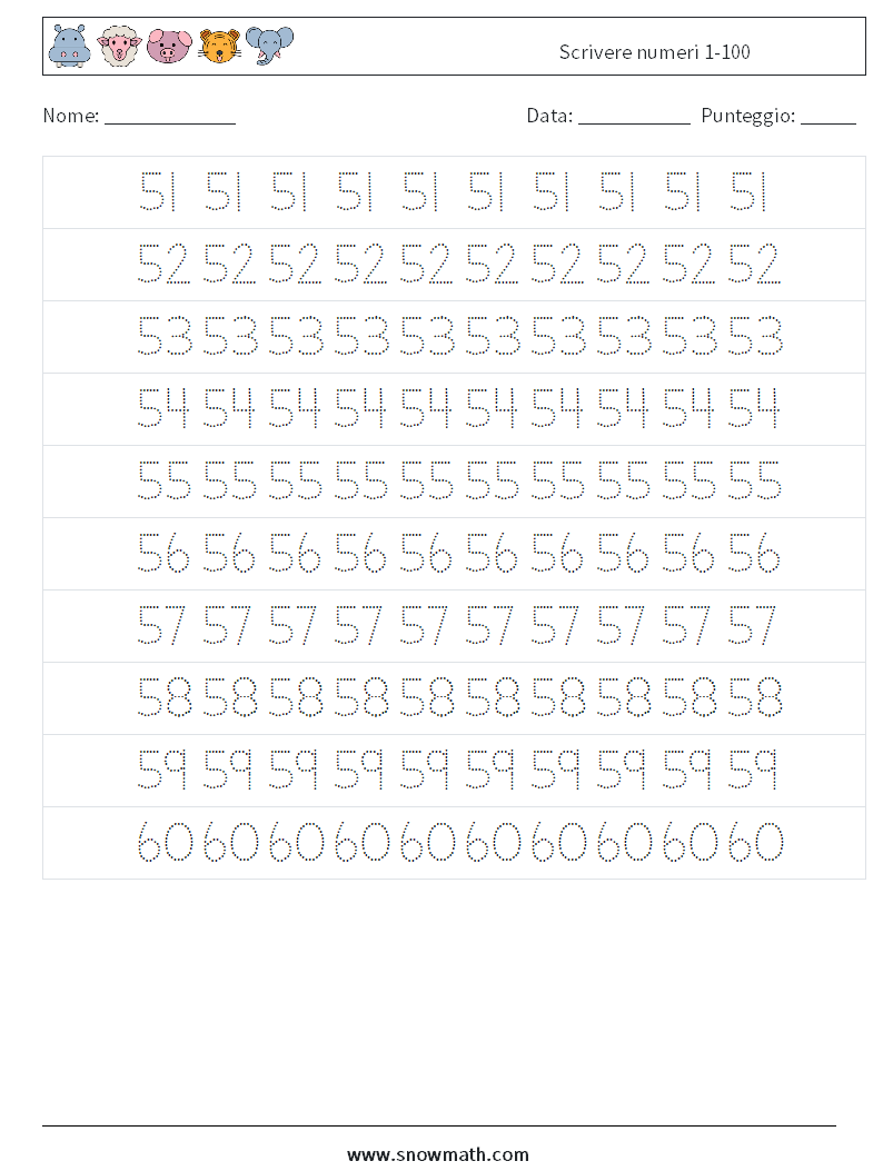 Scrivere numeri 1-100 Fogli di lavoro di matematica 11