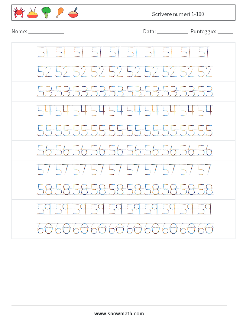 Scrivere numeri 1-100 Fogli di lavoro di matematica 12