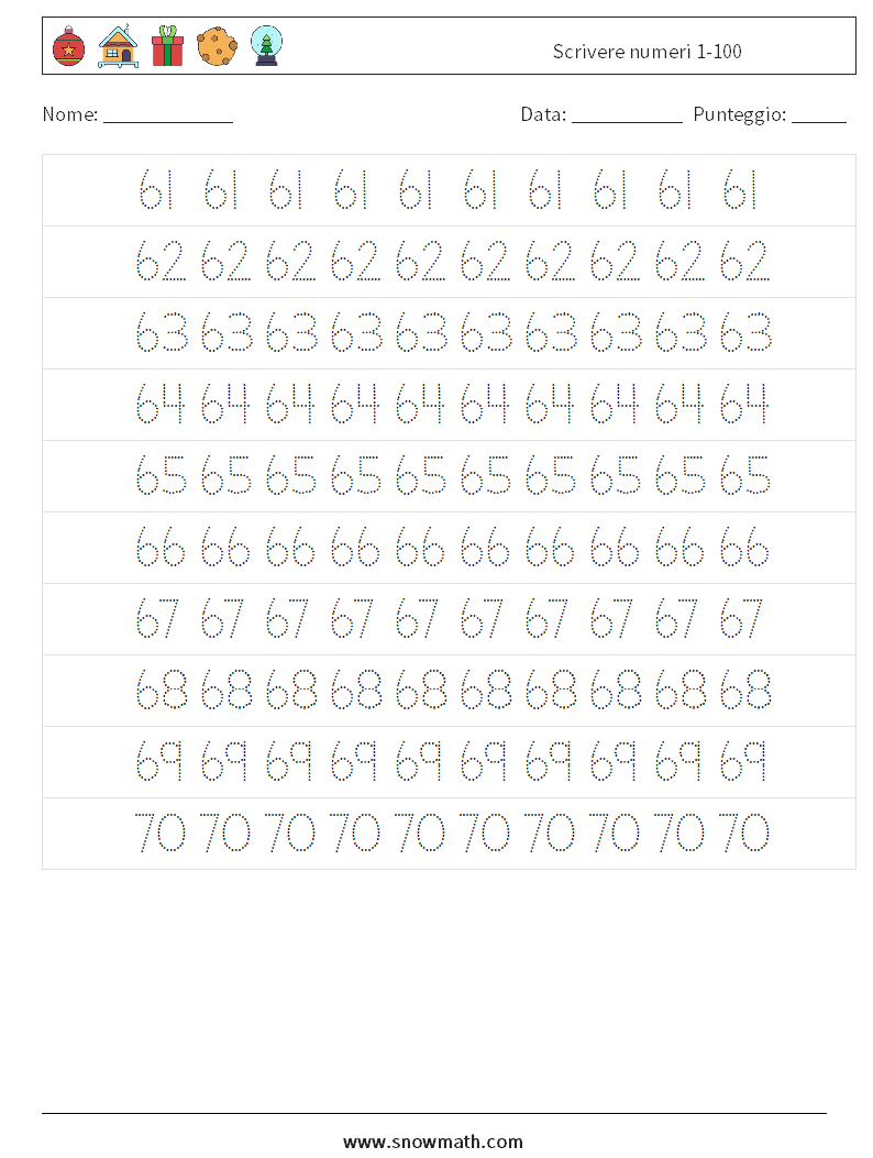 Scrivere numeri 1-100 Fogli di lavoro di matematica 13