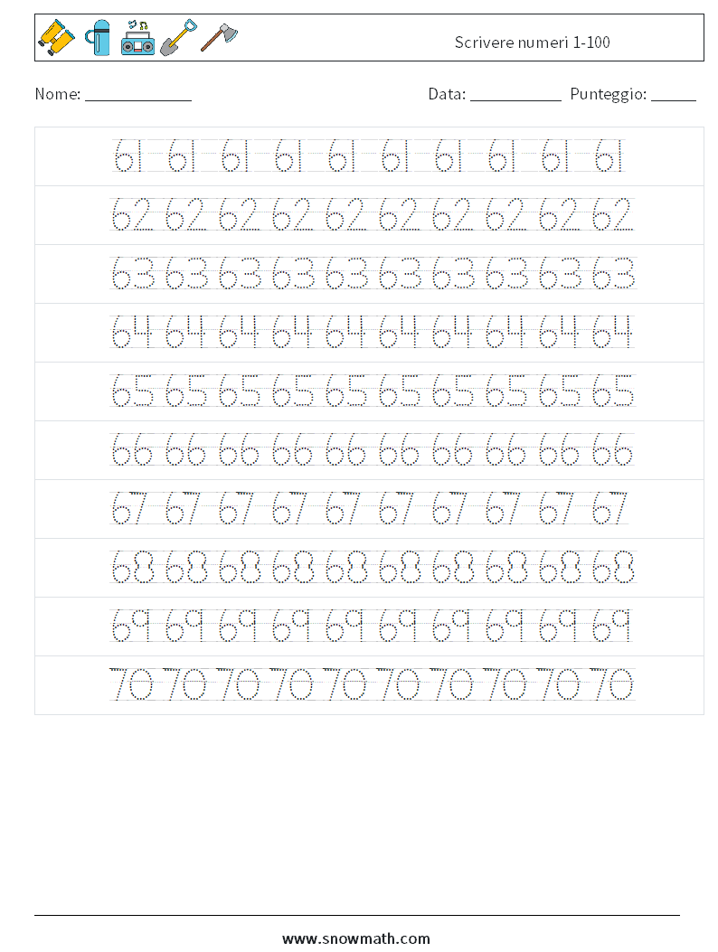 Scrivere numeri 1-100 Fogli di lavoro di matematica 14