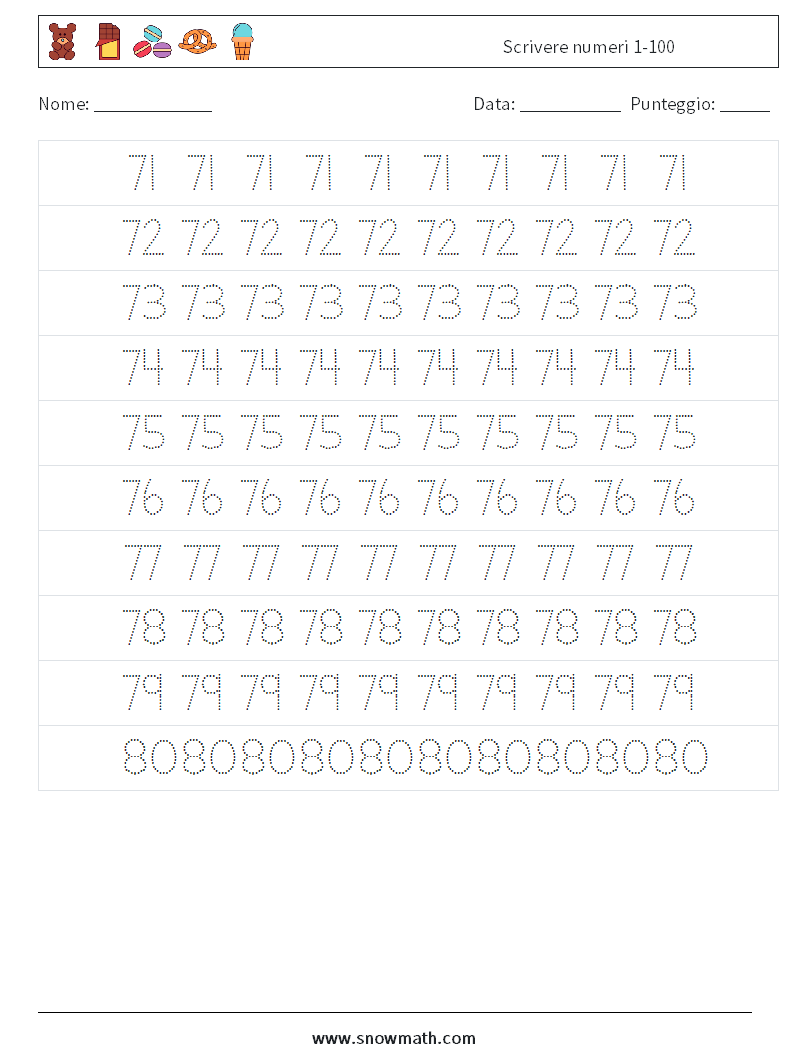 Scrivere numeri 1-100 Fogli di lavoro di matematica 15