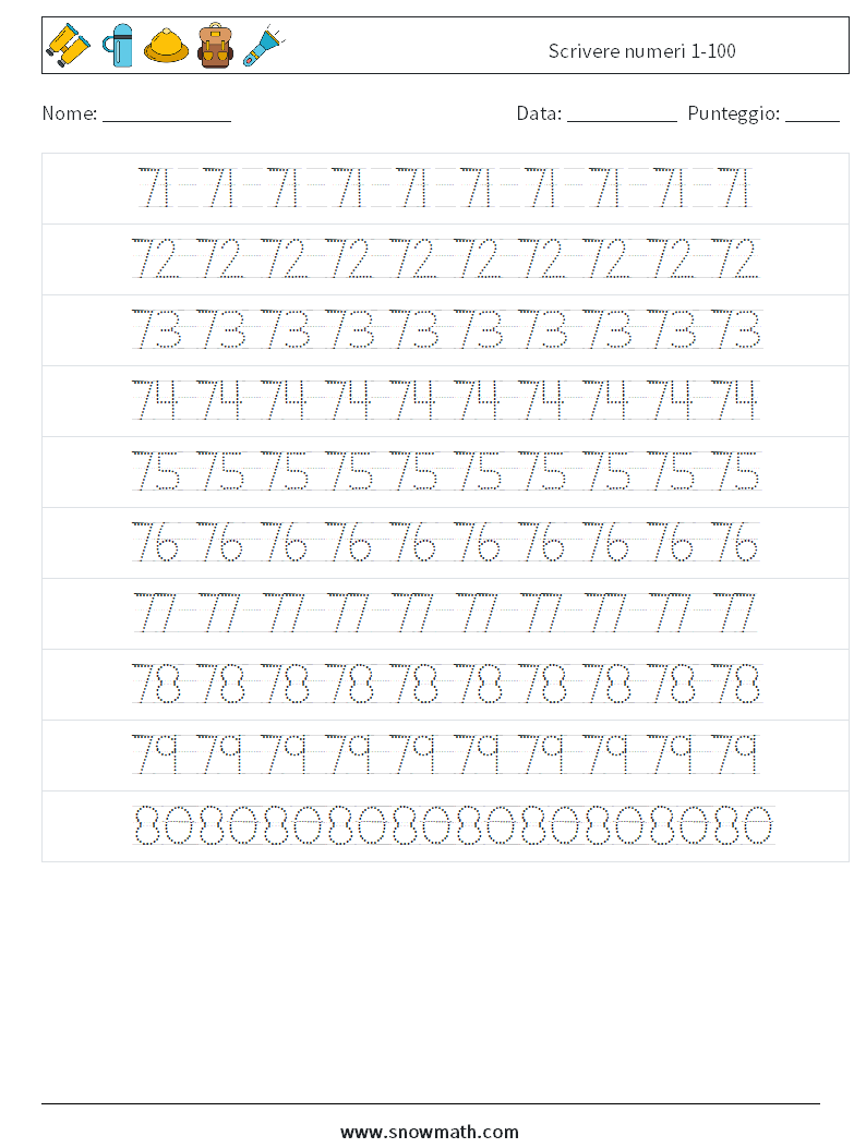 Scrivere numeri 1-100 Fogli di lavoro di matematica 16