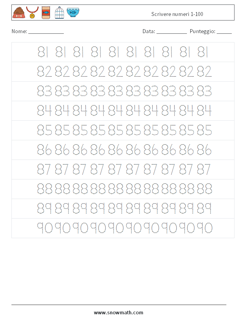 Scrivere numeri 1-100 Fogli di lavoro di matematica 17