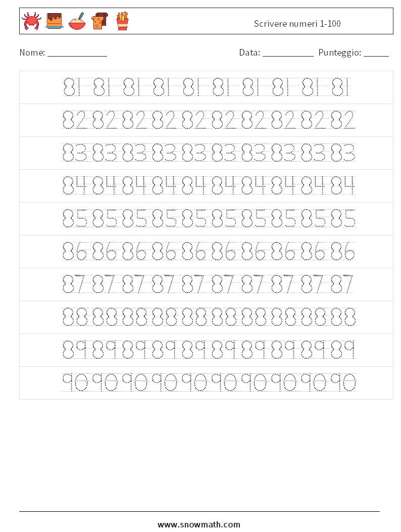 Scrivere numeri 1-100 Fogli di lavoro di matematica 18