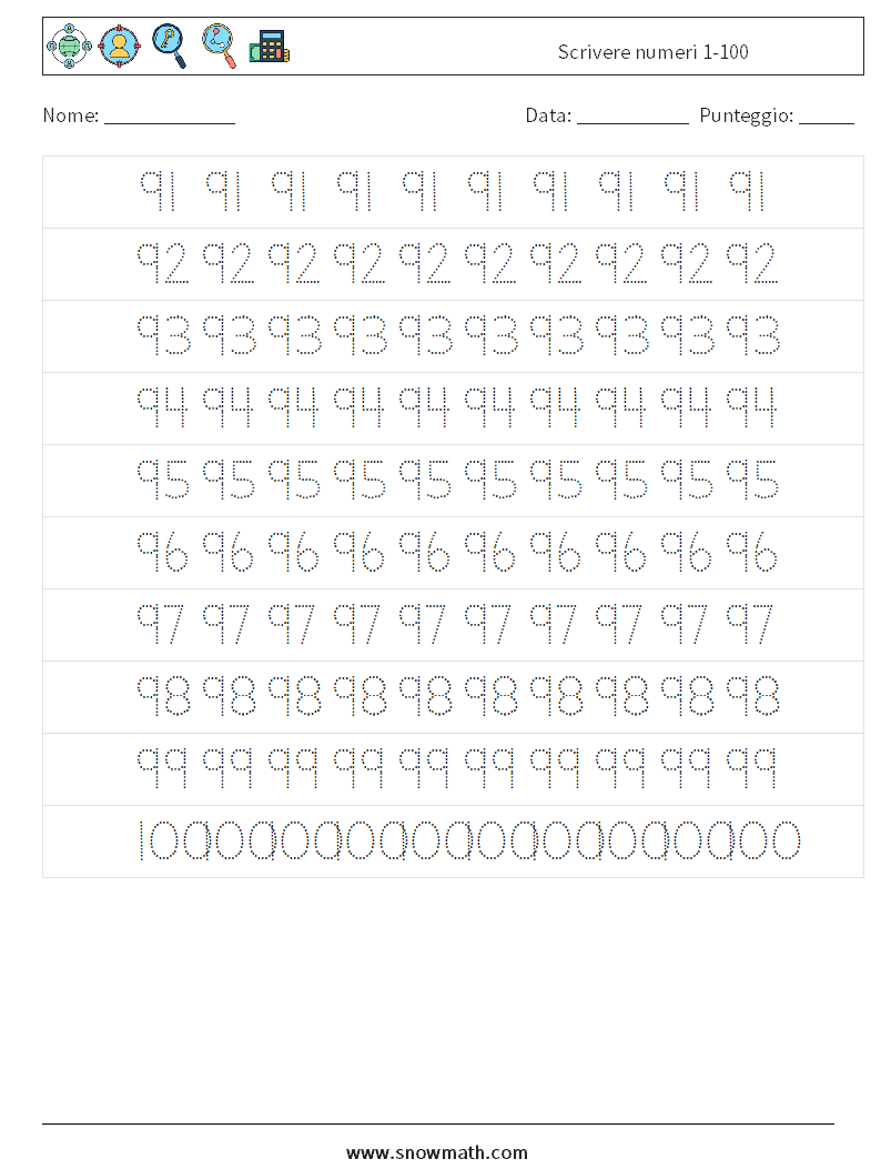 Scrivere numeri 1-100 Fogli di lavoro di matematica 19