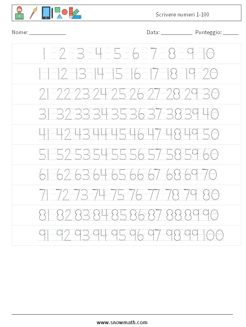 Scrivere numeri 1-100 Fogli di lavoro di matematica 2