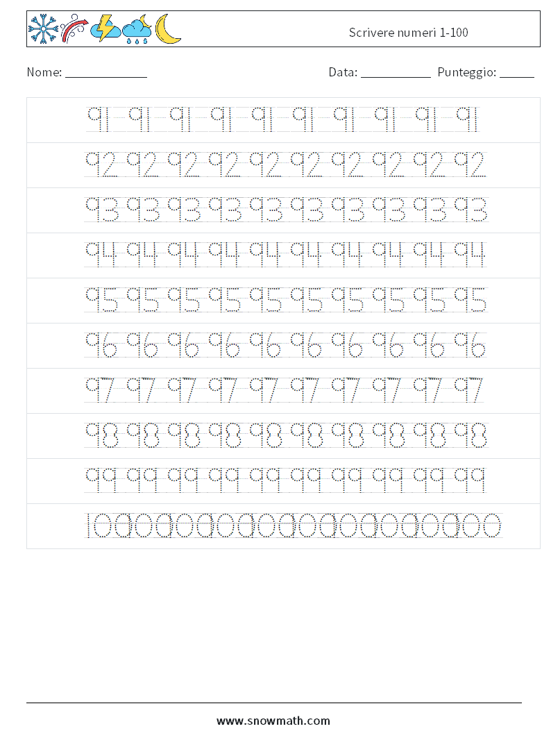 Scrivere numeri 1-100 Fogli di lavoro di matematica 20