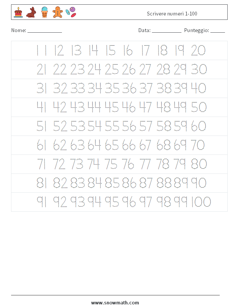 Scrivere numeri 1-100 Fogli di lavoro di matematica 21