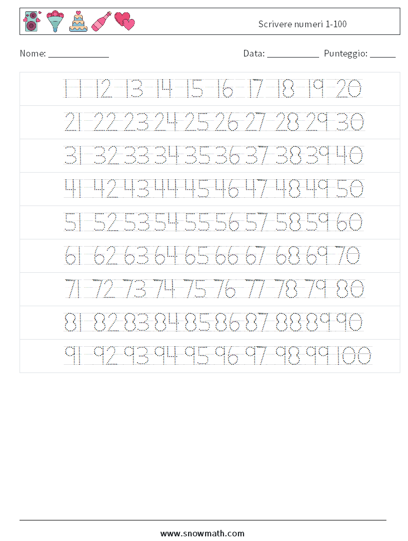 Scrivere numeri 1-100 Fogli di lavoro di matematica 22