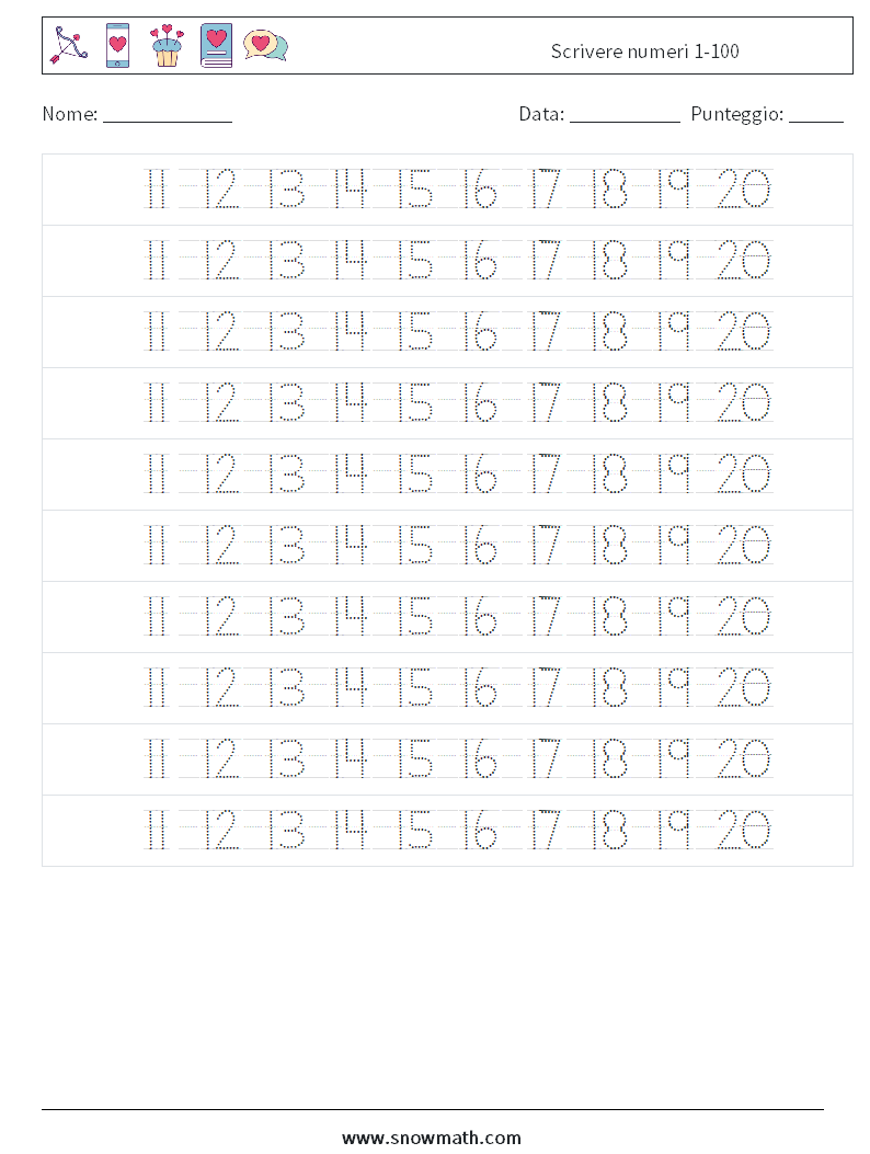 Scrivere numeri 1-100 Fogli di lavoro di matematica 24