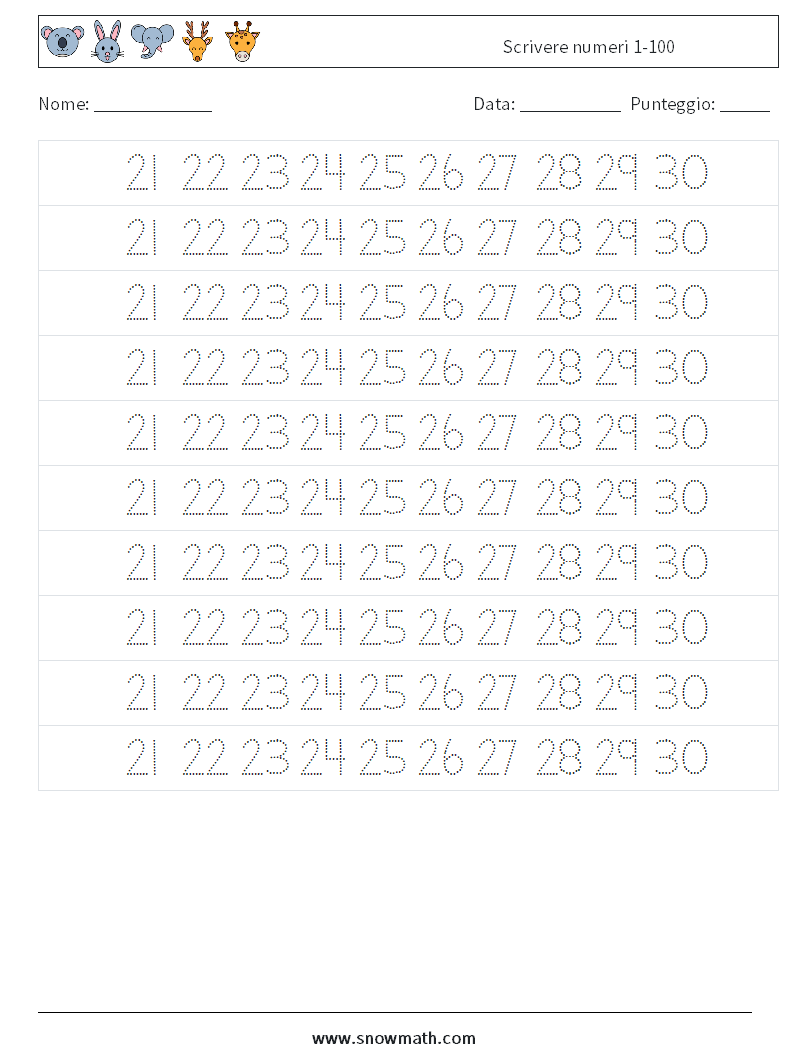 Scrivere numeri 1-100 Fogli di lavoro di matematica 25