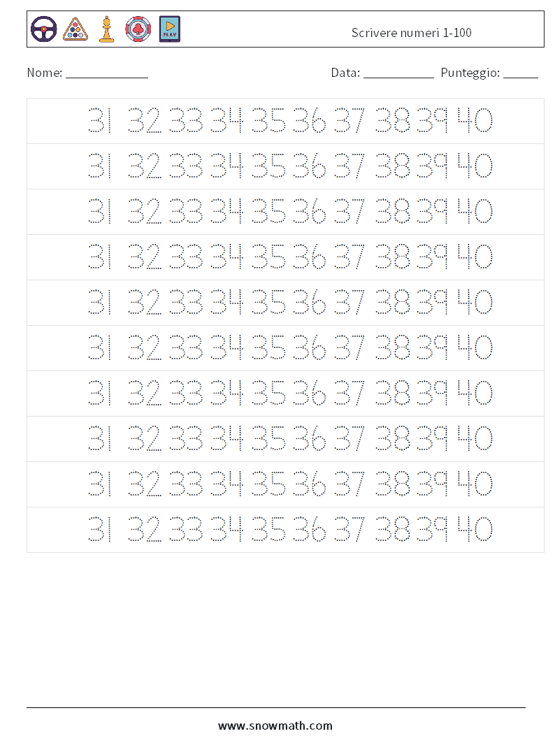 Scrivere numeri 1-100 Fogli di lavoro di matematica 27