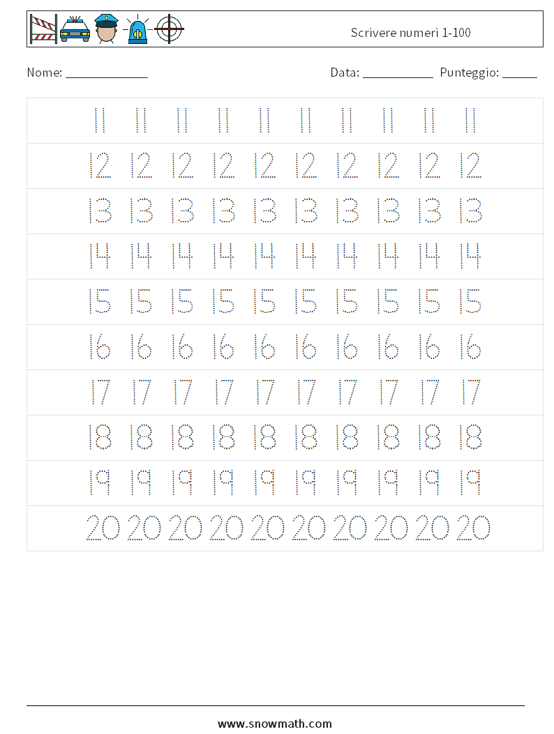 Scrivere numeri 1-100 Fogli di lavoro di matematica 3