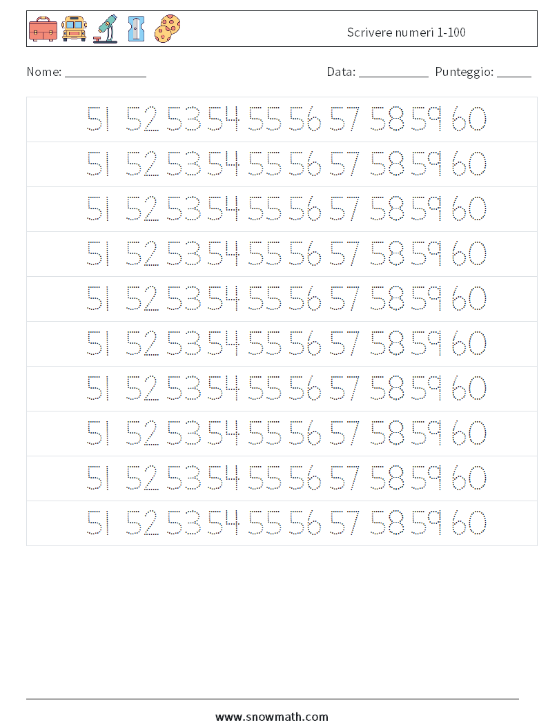 Scrivere numeri 1-100 Fogli di lavoro di matematica 31