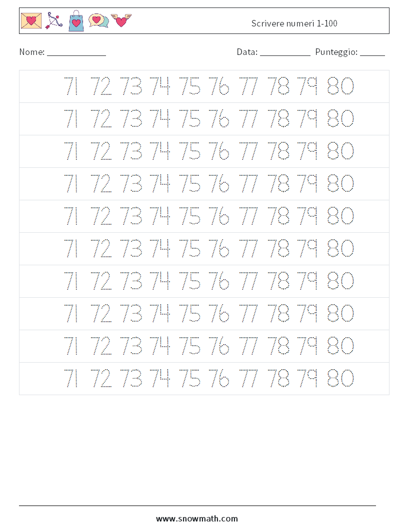 Scrivere numeri 1-100 Fogli di lavoro di matematica 35