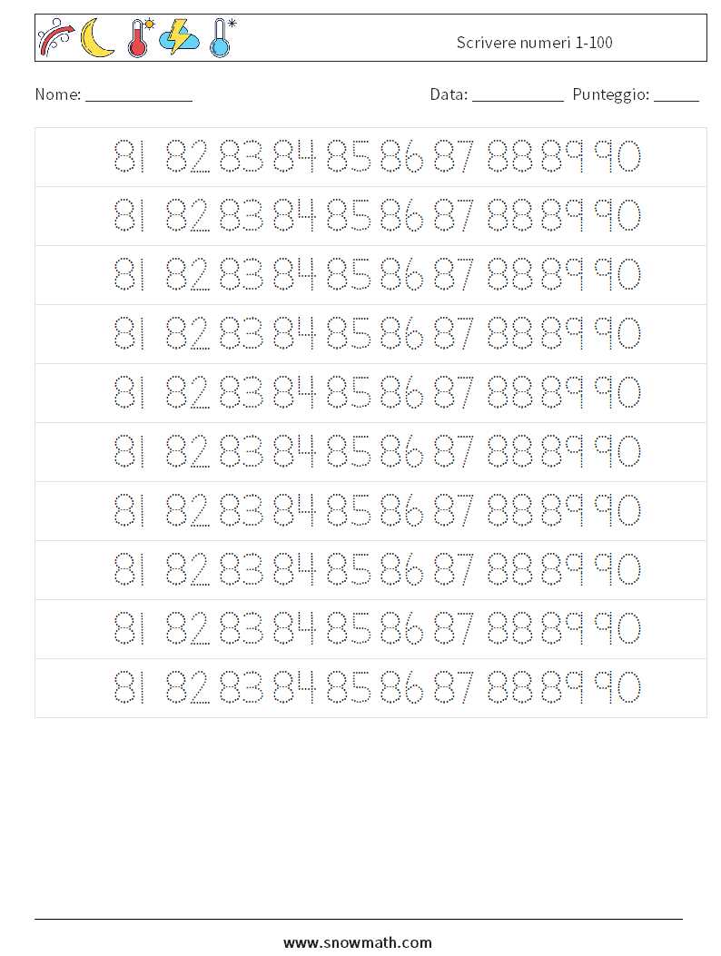 Scrivere numeri 1-100 Fogli di lavoro di matematica 37