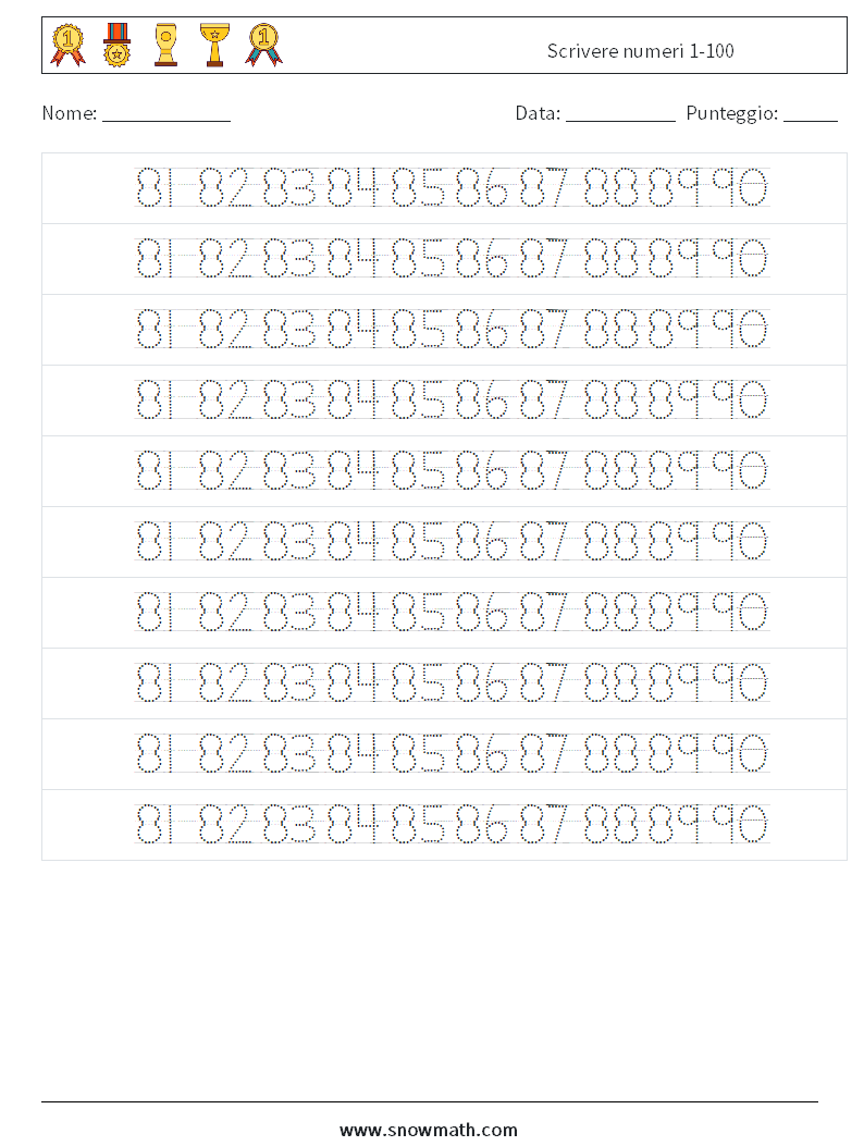 Scrivere numeri 1-100 Fogli di lavoro di matematica 38