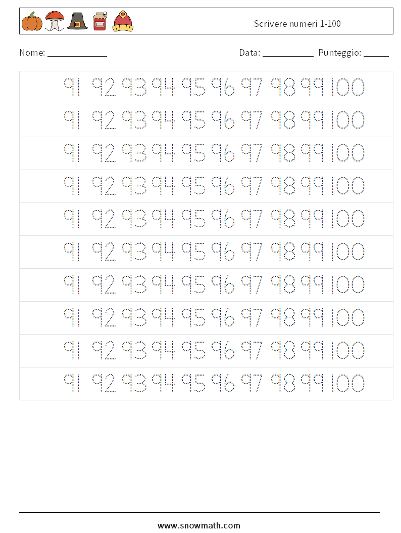 Scrivere numeri 1-100 Fogli di lavoro di matematica 39