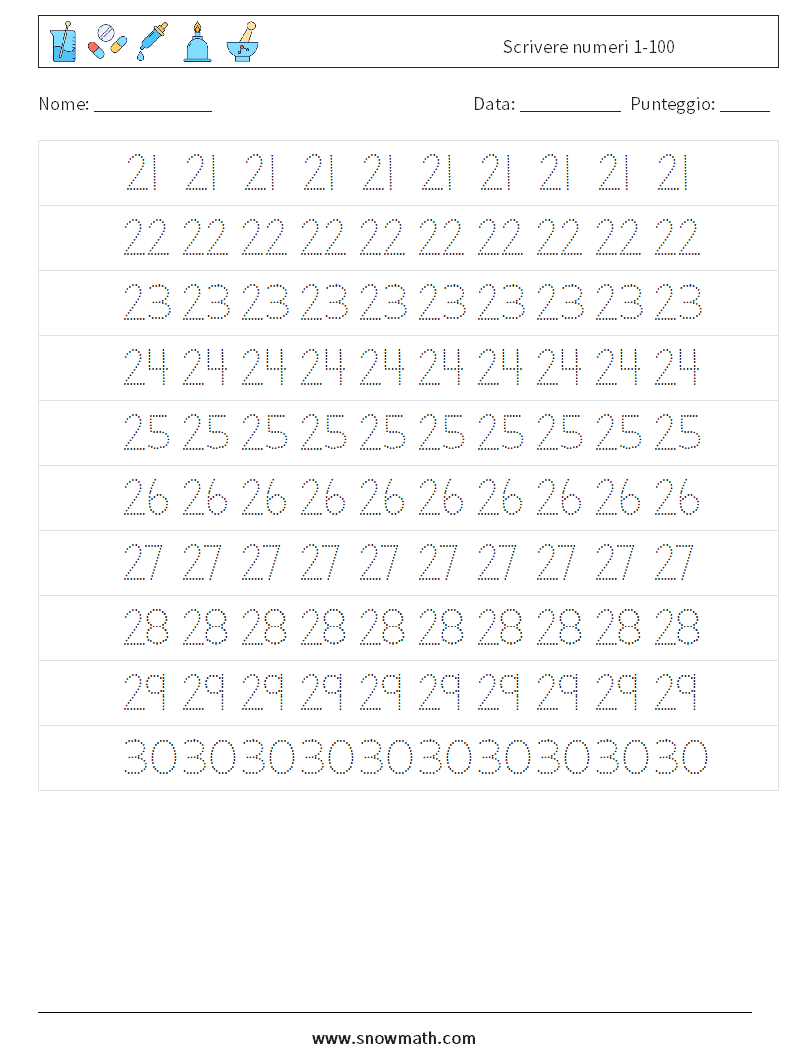 Scrivere numeri 1-100 Fogli di lavoro di matematica 5