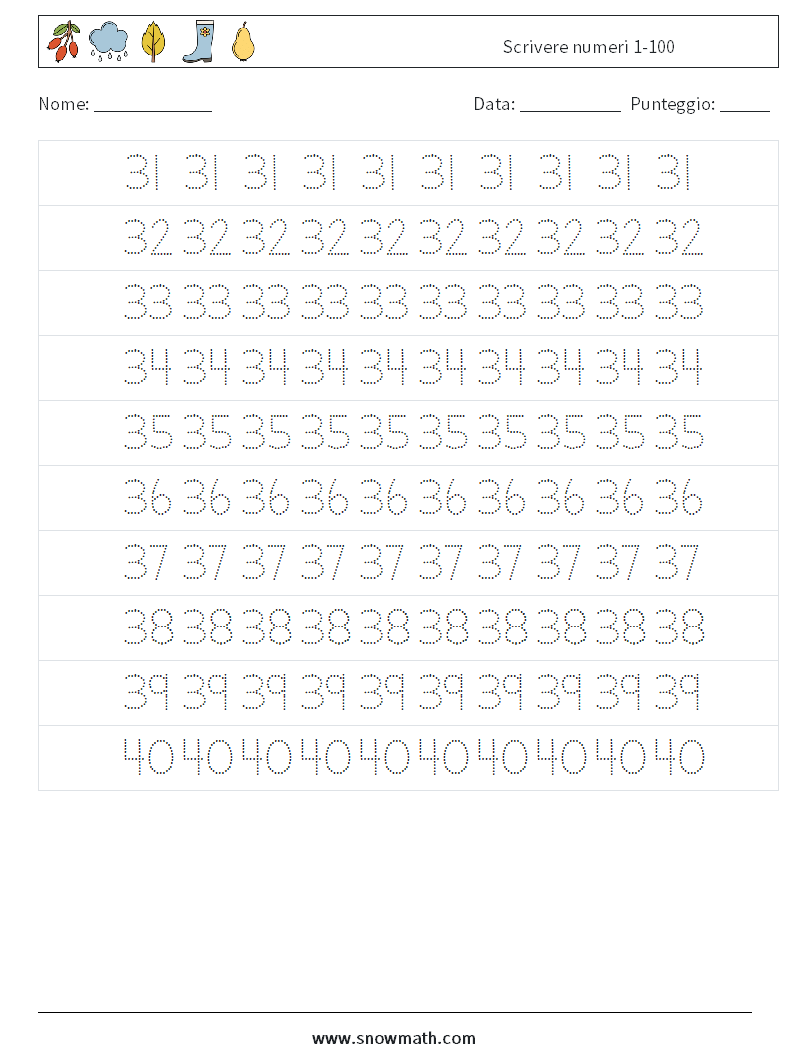 Scrivere numeri 1-100 Fogli di lavoro di matematica 7