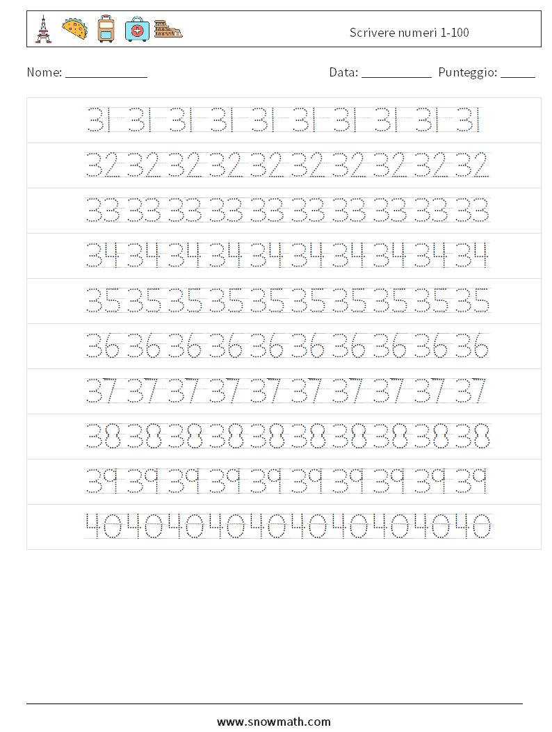 Scrivere numeri 1-100 Fogli di lavoro di matematica 8